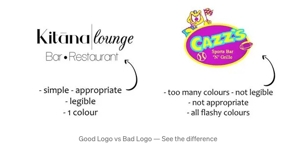 A professional logo design which is simple, legible and one colour, compared to a logo which has too many colours and isn't legible.
